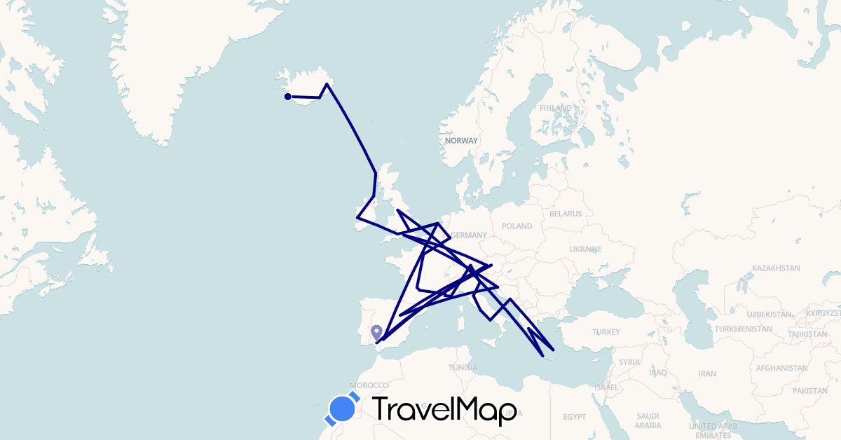 TravelMap itinerary: driving in Austria, Bosnia and Herzegovina, Germany, Spain, France, United Kingdom, Greece, Croatia, Ireland, Iceland, Italy, Netherlands (Europe)