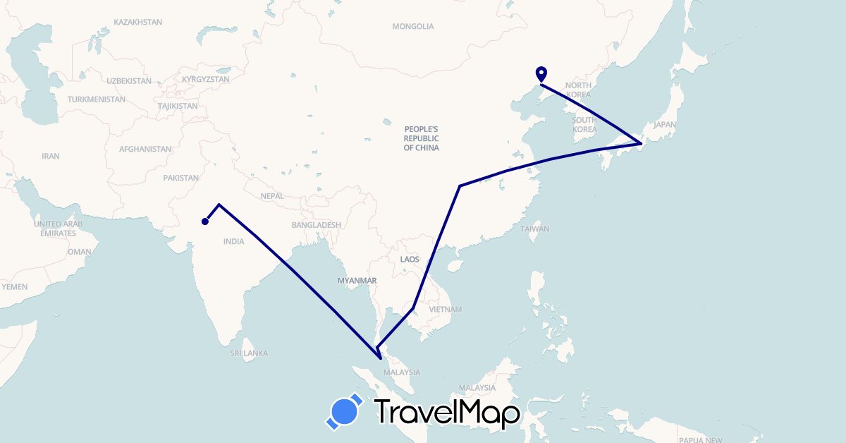TravelMap itinerary: driving in China, India, Japan, Cambodia, Thailand (Asia)