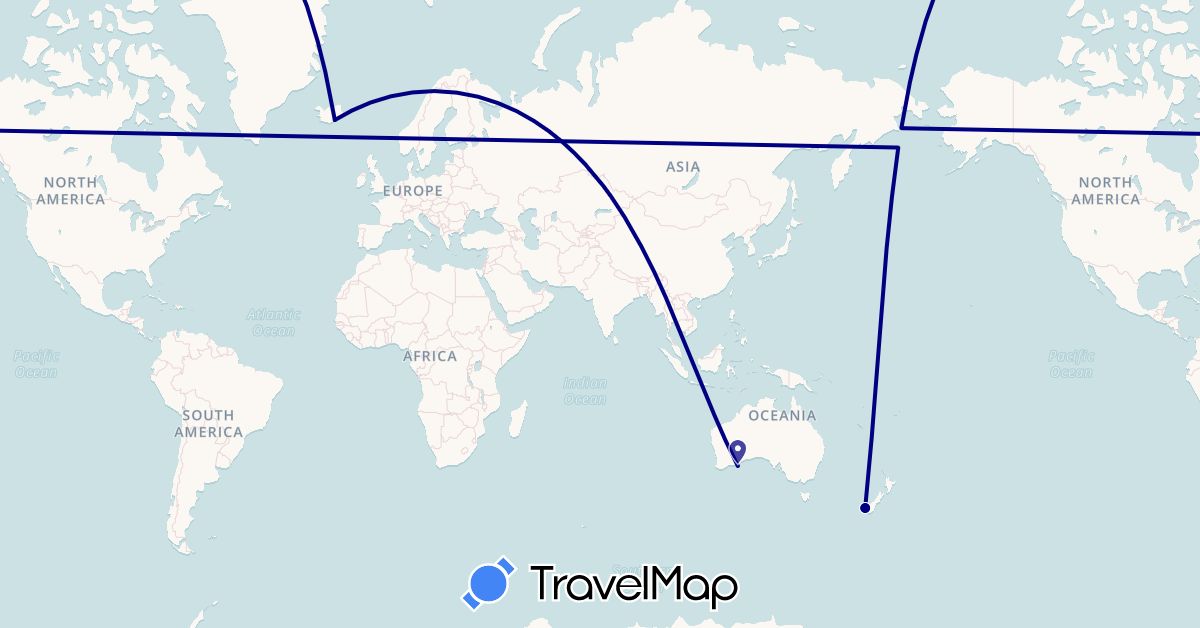 TravelMap itinerary: driving in Australia, Iceland, New Zealand (Europe, Oceania)